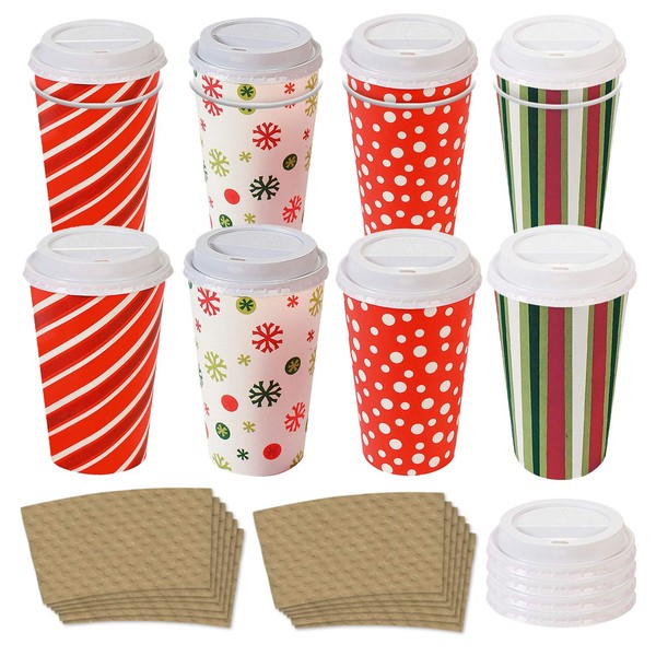 Disposable Coffee or Hot Chocolate Cups and Lids - Holiday Design (12-ct with Blank Kraft Sleeves)