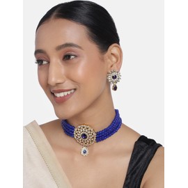 Aheli Kundan Pearl Choker Multi Layered Collar Aretes Set Joyería de boda tradicional india para mujeres niñas (azul)