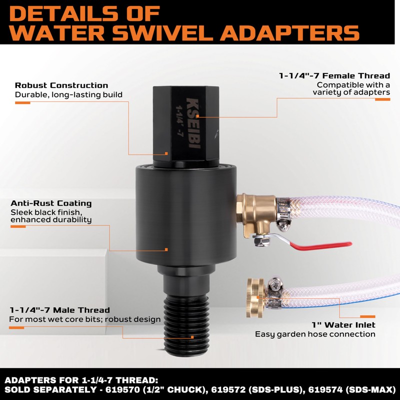 KSEIBI Water Core Bit Adapter, 1-1/4-7 Female, Water Swivel Adapter,