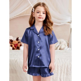 Arshiner Girls Pajamas Silk Satin Pajama Set 2 Piece Button Down Pjs Ruffle Sleepwear Navy 7-8 Years