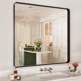 ISTRIPMF Black Metal Framed Bathroom Mirror for Wall,40X38 Rounded Rectangle Mirror, Matte Black Bathroom Vanity Mirror Farmhouse, Anti-Rust, Tempered Glass, Hangs Horizontally or Vertically