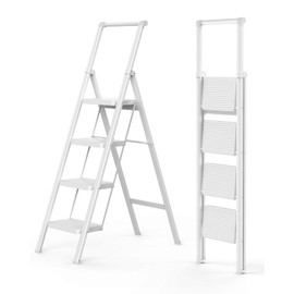 GORWARE 4 Step Ladder, Foldable Step Stools 330lbs Lightweight Sturdy Steel Ladder, Portable Folding Stepladder for Home Kitchen Office Garden, White