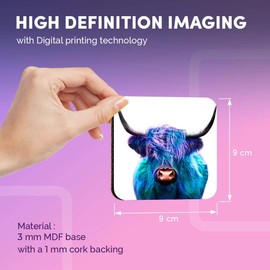 Destination Vinyl ltd Great Coasters (Set of 4) Square - Blue Pop Art Highland Cow Animal Drink Glossy Coasters/Tabletop Protection for Any Table Type #21683