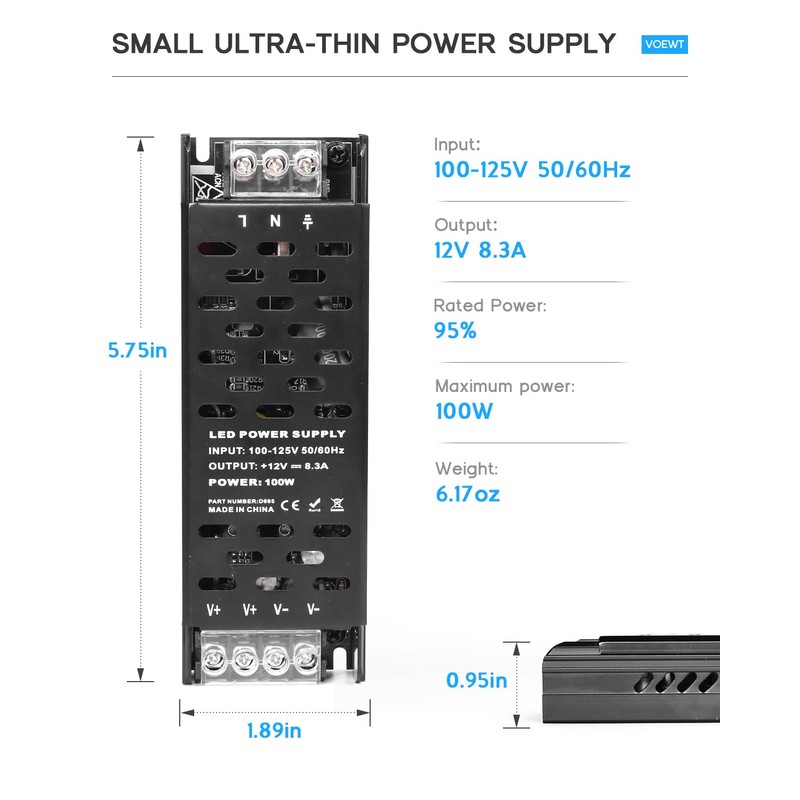 VOEWT 12V 100W Power Supply 100V-125V AC to 12V DC