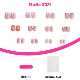 24pcs Pink Press on Nails Short Square Fake Nails Full Cover French Tip Press ones with Leopard Tip designs Stick on Nails Cute Bow False Nails Glossy Reusable Acrylic Nails Glue on Nails for Women