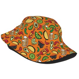 Mexico Taco Food Pepper Lemon Beer Orange Print Bucket Hat Fisherman Fishing Sun Cap for Adult Women Men Girl Boy Unisex