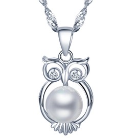 Yumilok Jewelry 925 Sterling Silver Cubic Zirconia Pearl Lovely Owl Pendant Necklace for Women/Girls