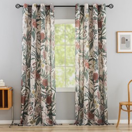 Boho Floral Curtains 84 Inches Length Protea Flower Print Linen Texture Window Drapes for Patio Door Africa Tribal Exotic Romantic Retro Window Treatments Grommet 2 Panels W50 x L84 Coral &Green
