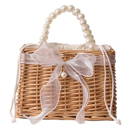 Wicker Basket Lace Ribbon Handbag Vacation Wedding Woven Handbag Drawstring Inner Pouch Daily Use Gift