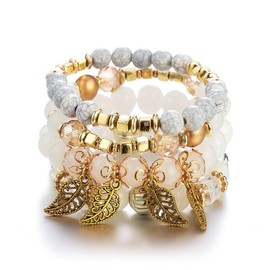 Jovono Boho Bracelets Stackable Beads Layered Elastic Hand Chains with Leaves Vintage Bangles with Beads Bracelet Set for Women (4 Pieces), Plastic, No Gemstone