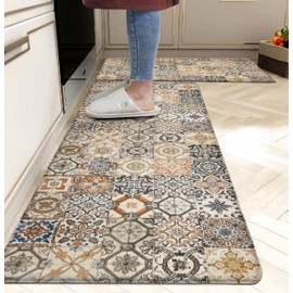 Boho Kitchen Rugs Set 2 Memory Foam Colorful Ceramic Comfort Tile Floor Mat Anti Fatigue Non-Skid PVC Runner Rug Water & Oil Proof Carpet for Kitchen Laundry Sink,17.3x28+17.3x47 Inch, C3