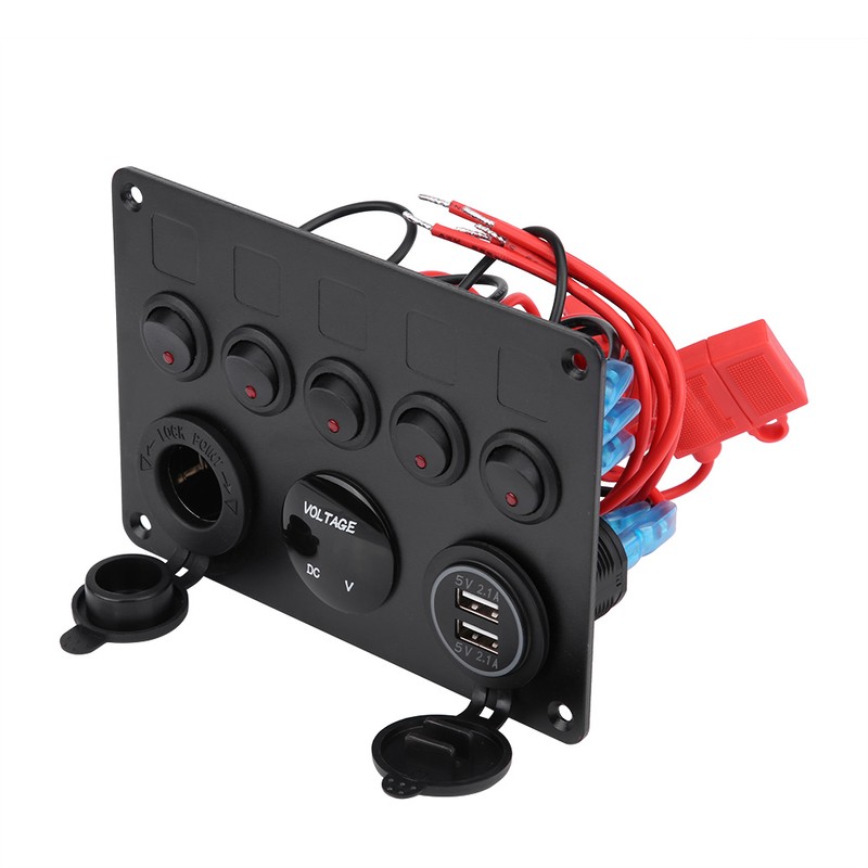 12-24V 5 Gang On/Off Toggle Switch Panel Dual USB Voltmeter