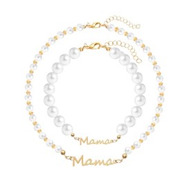 Mama Pearl Bracelet Necklaces Set Mama Birthday Gifts from Daughter Son Mommy Mother Pearl Bead Necklace for Women Mom Mother Letter Pearl Bracelet for Women