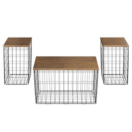 Lavish Home End Storage – Nesting Wire Basket Base and Wood Tops – Industrial Farmhouse Style Side Table Set of 2, Set of 3-Brown/Black