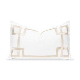 Hofdeco Premium Coastal Patio Indoor Outdoor Lumbar Pillow Cover Only, 12"x20" Water Repellent for Backyard, Couch, Neutral Tan Embroidered Frame Greek Key