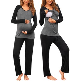 Ekouaer Women's Maternity Pyjamas Set Nursing Long Sleeves PJ Breastfeeding Sleepwear Warm Loungewear Set Cozy Nightwear M