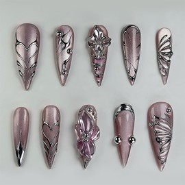 30Pcs Long Stiletto Press on Nails Handmade Acrylic Fake Nails with 3D Heart Flower Design Glitter Full Cover False Nails Artificial Nails Press ons Reusable Stick on Nail for Women Manicure Decor