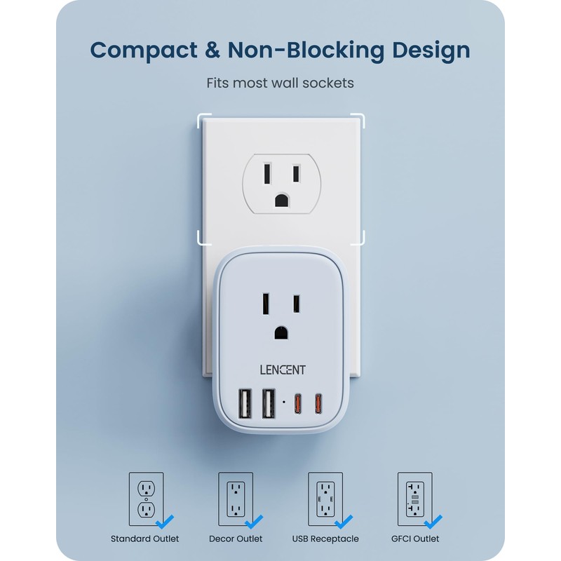 LENCENT Multi Plug Outlet Extender with USB C, 4 AC