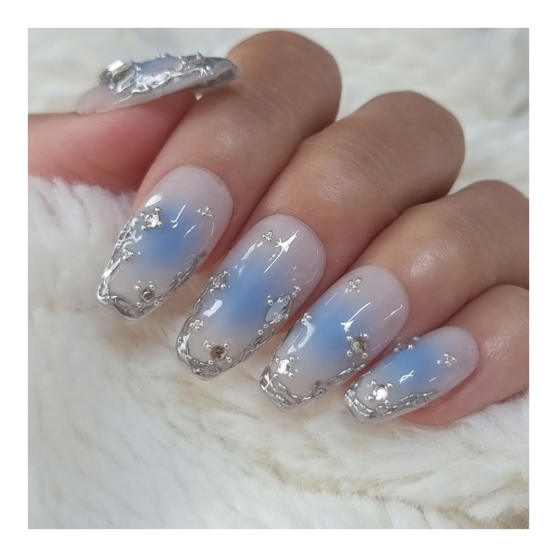 Blue Wedding Jungle Handmade Nail Tips Wedding Nails - Long