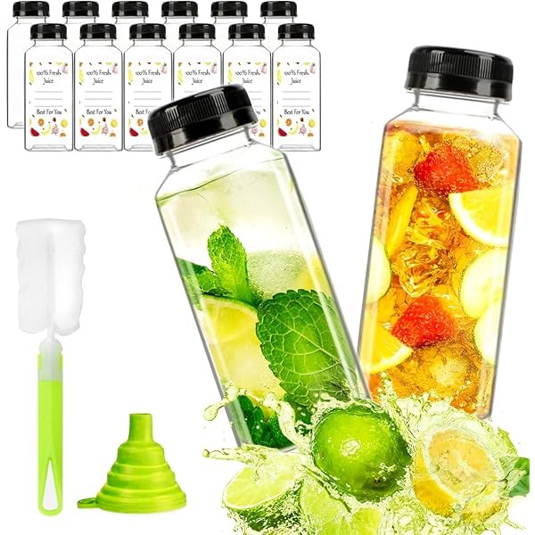12pcs 12oz Plastic Juice Bottles, Reusable Juice Containers with Black