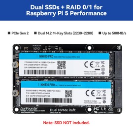 SunFounder Dual NVMe Raft for Raspberry Pi 5 PCIe Gen 2.0 to M.2 HAT Key-M SSD Hailo-8L AI Accelerator PIP M.2 2230/2242/2260/2280, NAS RAID 0/1, Manual (Not Compatible with The Pironman Series)