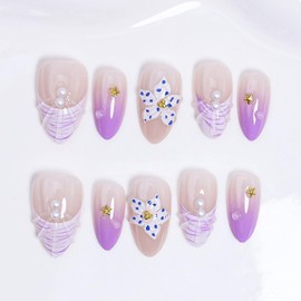 30Pcs Flower Press on Nails Short Almond Fake Nails with 3D Pearl Star Purple French Tip Press ons Summer Acrylic Nails Purple Gradient Full Cover False Nail Floral Artificial Glue on Nail for Women