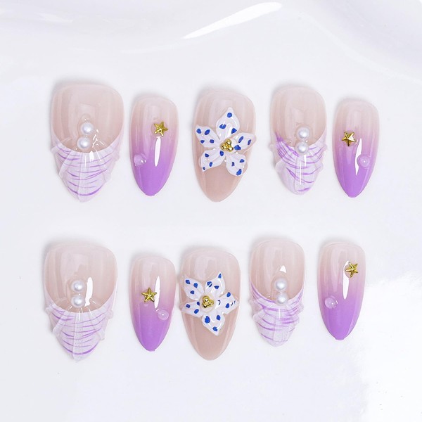 30Pcs Flower Press on Nails Short Almond Fake Nails with