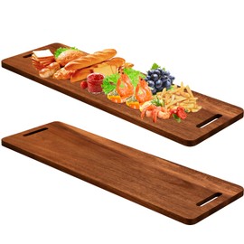 Bokon 2 Pcs 36 x 12 Inch Acacia Wooden Charcuterie Boards Acacia Serving Board with Handle Rectangular Acacia Wood Tray Wooden Serving Platter Natural Wood Server for Cheese Food (Hollow Handle)