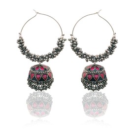 Moonstruck Silver Oxidised Hoops With Meenakari jhumkas For Women
