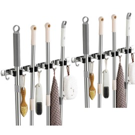TOPSKINOY 2 Pack Broom Holder Wall Mount, Stainless Steel Broom Hanger Wall Mount, Heavy Duty Mop and Broom Holder Tool Racks Utility Hooks for Laundry Room Garden Garage, Black (4 Racks and 5 Hooks)