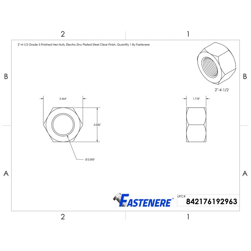 2"-4-1/2 Grade 5 Finished Hex Nuts, Electro Zinc Plated Steel