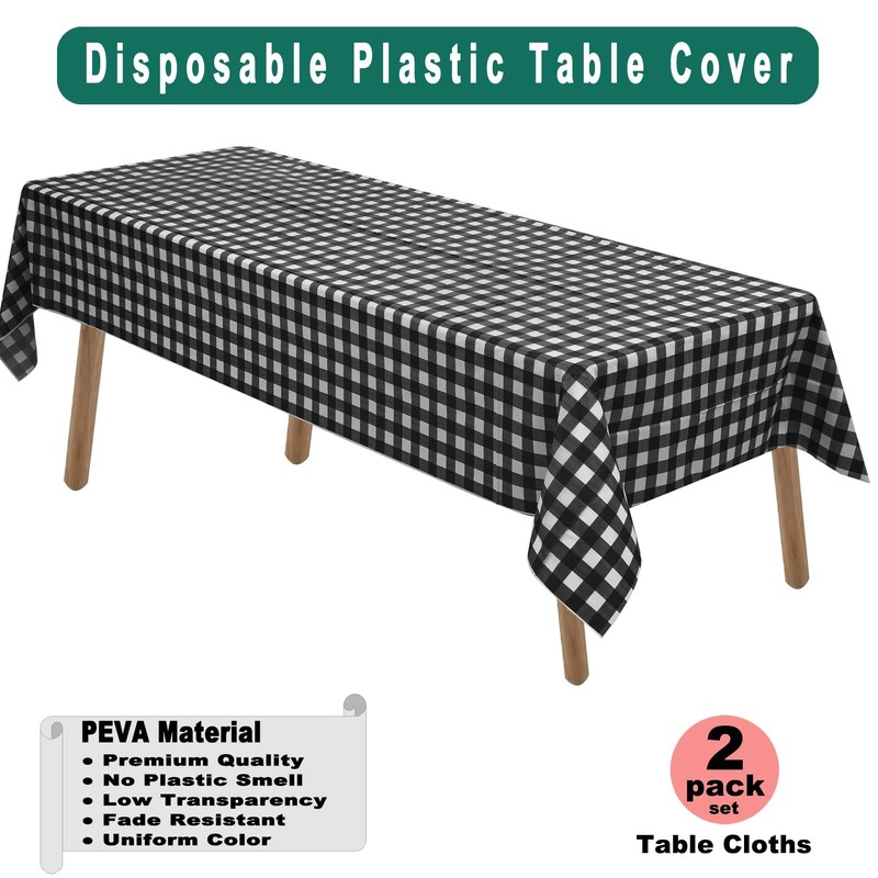 Black & White Gingham Checkered Plastic Tablecloths 2 Pack Disposable