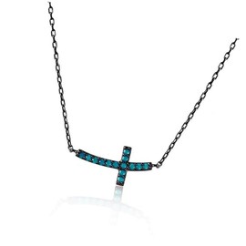 New Sterling Silver Black Rhodium Plated Turquoise Sideways Cross Pendant Elegant Cute Unique Stunning Style Pretty jewerly perfect for any occasion SURR-R02792