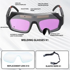 Automatic light-adjusting welding goggles,welding glasses，equipped with 10 replaceable protective lenses and a lanyard, suitable for TIG, MIG, and arc welding professionals as well as DIY enthusiasts.