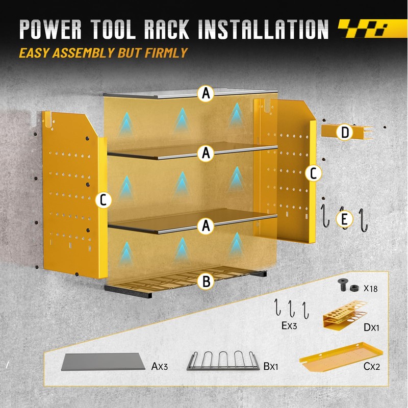 Power Tool Organizer Wall Mount with Charging Station, 4 Layers
