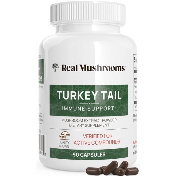 Real Mushrooms Turkey Tail Capsules - Organic Mushroom Supplement with Potent Turkey Tail Mushroom Extract for Gut, Energy, Brain, & Immune Support - Vegan Mushroom Extract, Non-GMO, 90 Caps