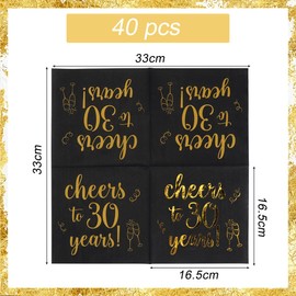 Napkins Cheers to 30 Years, 30th Birthday Napkins, Cocktail Napkins, 3-Layer, Gold Foil Lettering, 33 x 33 cm Unfolded, 30 Birthday Decoration Table Napkins, Man Woman, Black