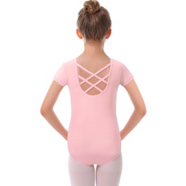 MdnMd Girls Toddler Dance Leotards for Ballet Gymnastic Short Sleeve Outfit with Cross Back (Ballet Pink, Age 4-6 / 4t,5t)