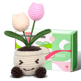 UTUKO Positive Crochet Tulips, Pink Crochet Flowers Bouquet, Crochet Flowers, Crochet Flower Bouquet, Suitable for Home Office Decoration, Mothers, Teachers, Birthday Gifts, Crochet Tulips Bouquets