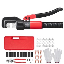 VEVOR Hydraulic Crimping Tool with 9 Sets of  Dies AWG12-2/0 Copper And Aluminum Terminal Battery Lug Crimper, with a Cutting Pliers, Gloves, 10pcs Copper Ring Connectors, 8pcs Heat Shrink Sleeves - Crimping Range: Crimping Tool with Cable Cutter - AWG 1
