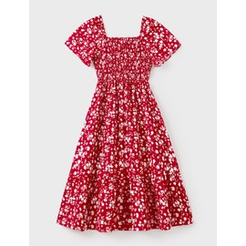 PATPAT Family Matching Outfits Boho Floral Print Square Neck Puff Sleeve Smocked Dress and Short Sleeve T-Shirts Matching Set, Red Floral, X-Large