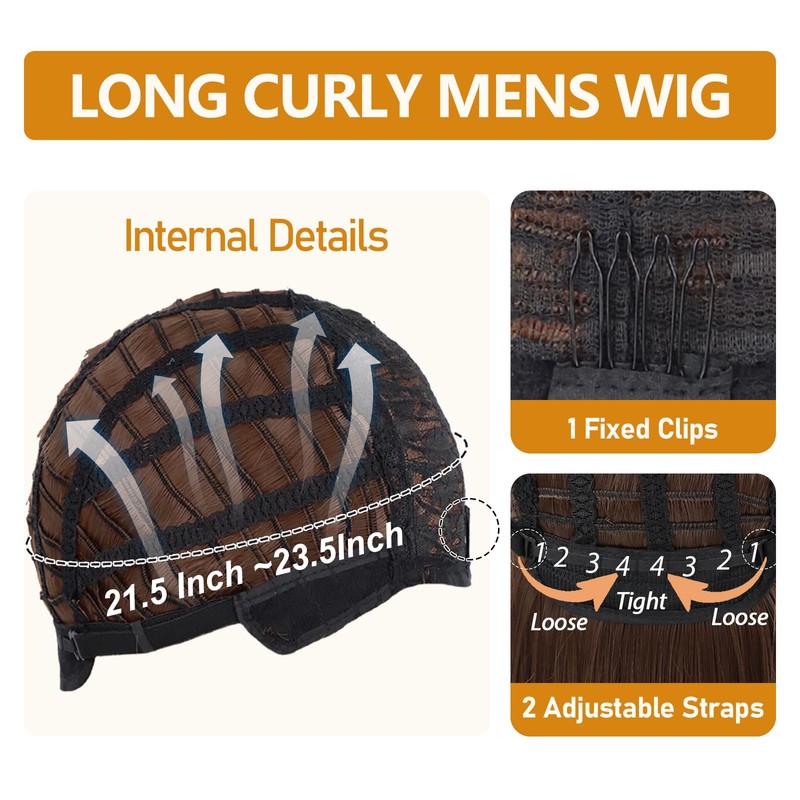 Long Brown Curly Wig for Men Heat Resistant Synthetic Male