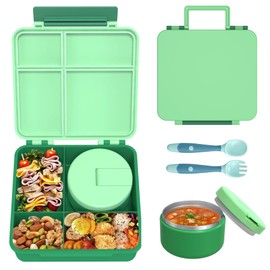Bento Lunch Box with 8oz Soup Thermo, Kids Leakproof Lunch Food Containers with 4 Compartment, Kids Thermo Hot Food Jar and Insulated Lunch Box for School, Trvael