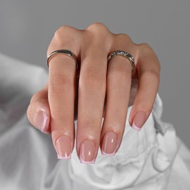 KQueenest Press on Nails Short French Tip - 30 Pieces Pastel Pink Nails for Sticking, Short Square, French Tip Fake Nails with Glue, Square Artificial Nails Set for Women