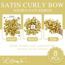 LiBongTa 5 Inch Gold Bows Curly Ribbon Bows for Gift Wrapping, Satin Bows with Double-Sided Tape, Self Adhesive Bows for Party, Wedding, Birthday Decor, Premade Bows for Crafts, Wine Glasses-8 PCs