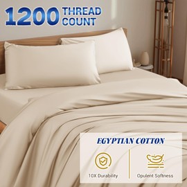 Shilucheng 1200 Thread Count Cotton Sheets Set，Luxury 100% Egyptian Cotton Bed Sheets，5-Star Hotel Quality Sheets, Breathable & Cooling, 16 Inch Deep Pocket - 4 Piece (Beige, King)