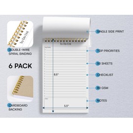 Better Office Products To Do List Mini Notepads, 5.5" x 8.5", Planning Note Pads, 50 Sheets Per Pad, Double Wire Spiral, Daily Agenda Productivity Checklist Organizer (6 Pack)