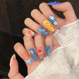 Summer Press on Nails Medium Almond Flower Fake Nails Muti-Layer Gel False Nails with 3D Jellyfish Starfish Design Glitter Handmade Press on Nails Stars Pearl Embossed Acrylic Nails for Women (Size S)