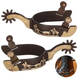 Lnrueg 2 Pcs Western Spurs, Cowboy Boot Spurs with Turnable Gear, Antique Copper and Brass Design with Engraved Trims, Retro Low Carbon Steel Horse Spurs, Ideal for Western Wear (Black)
