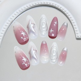 24 Pcs Medium Almond Press on Nails Pink Fake Nails with Star Designs Y2K Full Cover Acrylic Nails Silvery French False Nails 3D Lines Stick on Nails for Women